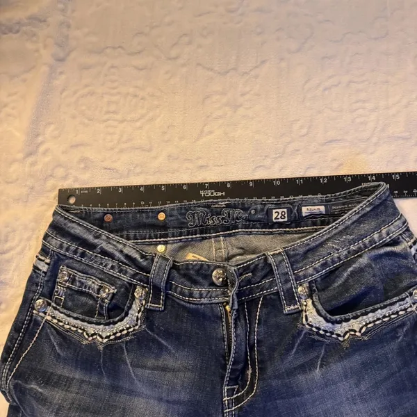 Miss Me Sz 28 STYLE XP 7035B RELAXED Boot Jeans Embellish Dark Blue Distress - Image 15