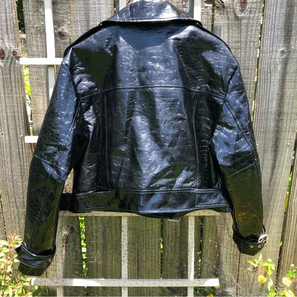 Asos Black Patent Leather Embossed Jacket Moto Style 12 - Image 6