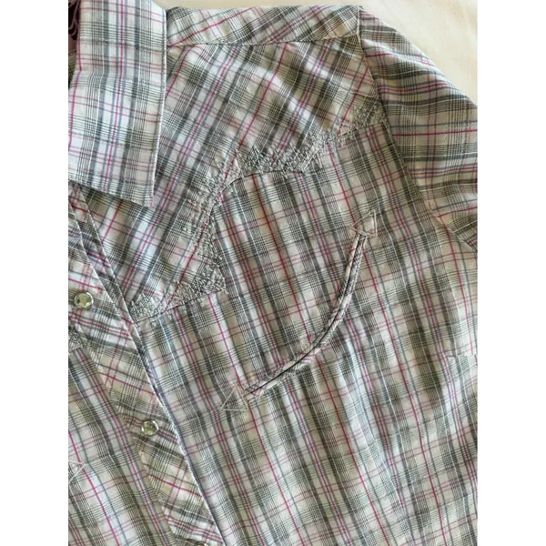 Ariat Pro Series Plaid Western Pearl Snap Shirt Medium Yoke‎ Pink Grey Shimmer - Image 7