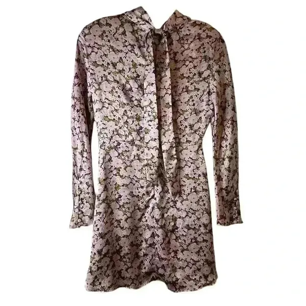 Zara Women's XS Floral Satin‎ Mini Dress Long Sleeve Multicolor Lilac Casual - Image 5