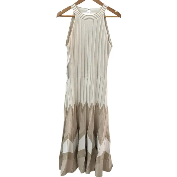 Anthropologie Pleated Drop-Waist Knit Midi Dress Ivory Size Large - Image 7