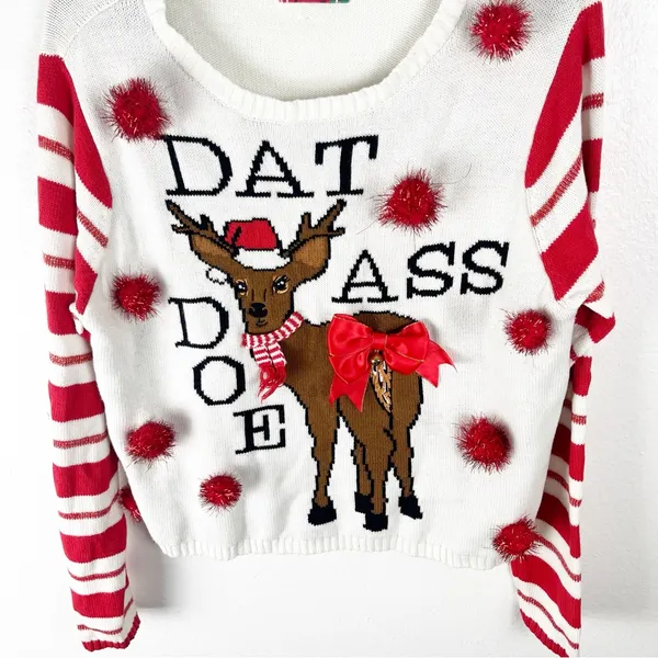 SPENCER’S White Graphic Print Long Sleeves Ugly Christmas Sweater, Size Large - Image 8