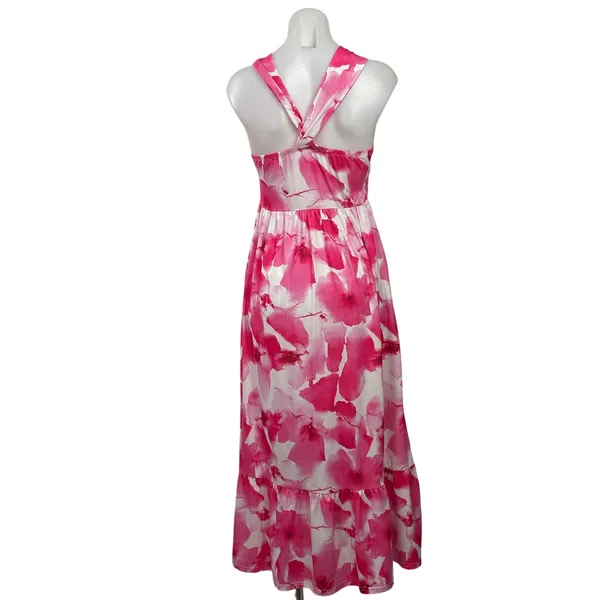 Grace Karin Pink Floral Cross Strap Sleeveless Summer Pleated ALine Maxi Dress S - Image 3
