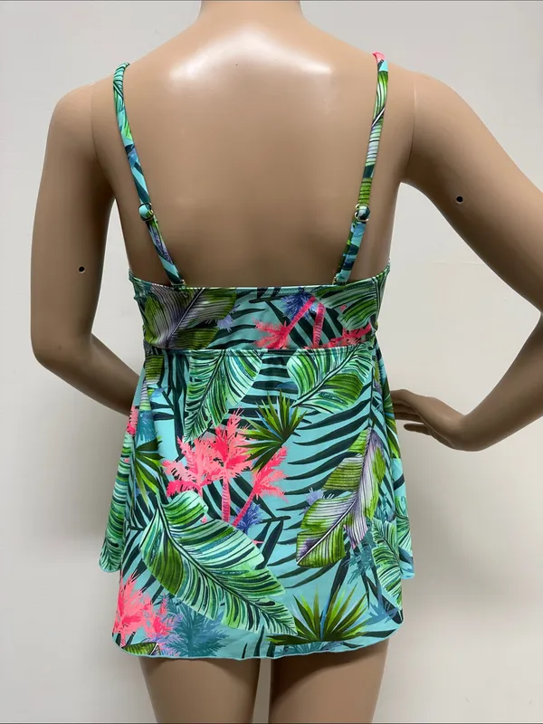 Tropical Palms Aqua Green Bright Pink Bandeau Tankini Top size 8 - Image 5