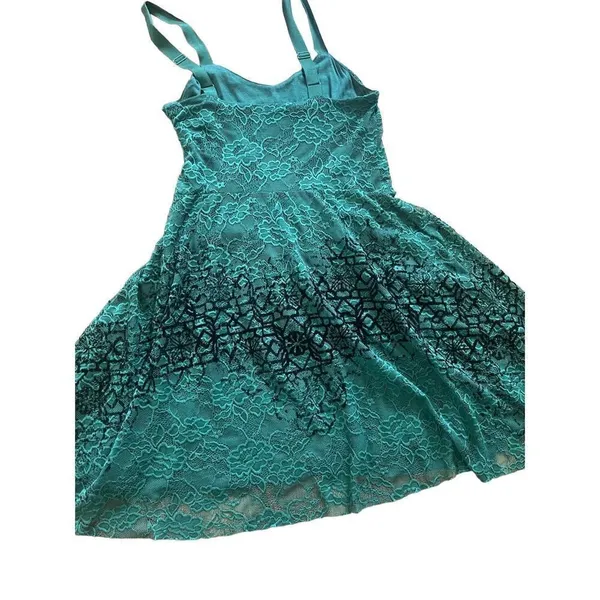 Free People Strap Mini Flare‎ Dress Green Floral Lace Black Velvety Detail - Image 8