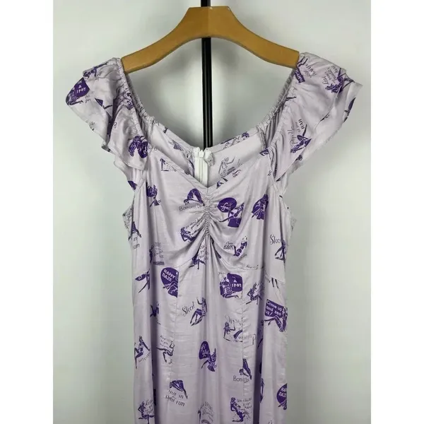 Lavender Milkmaid Pinup Novelty Cocktail Quirky‎ Print Flutter Sleeve Midi Dress - Image 2