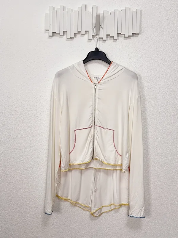 Wild Honey Ivory Rainbow Contrast Stitch Zip Hoodie Shorts Two Piece Lounge Set - Image 2