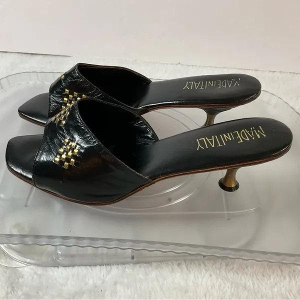 Black Leather Studded Brass Heels Slides Sandals Sz 8.5 Narrow made‎ in Italy - Image 4