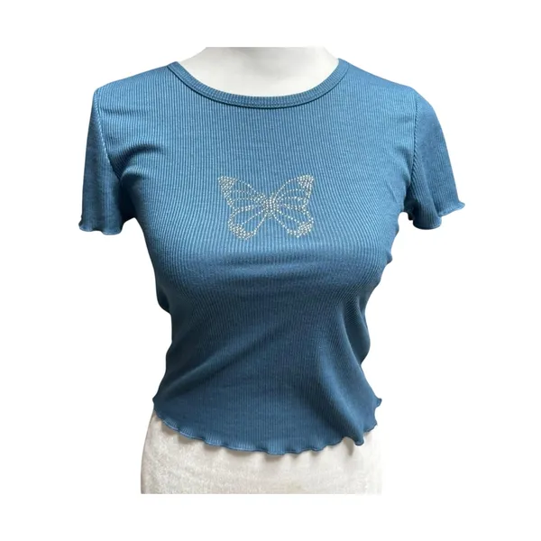 Y2K Rhinestone Butterfly Baby Tee Small Blue Coquette Ribbed Hippie Rose - Image 2