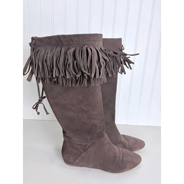 Daniblack Chocolate Brown Suede Fringe Collar Drawstring Tall Boot Flat 8.5M - Image 2