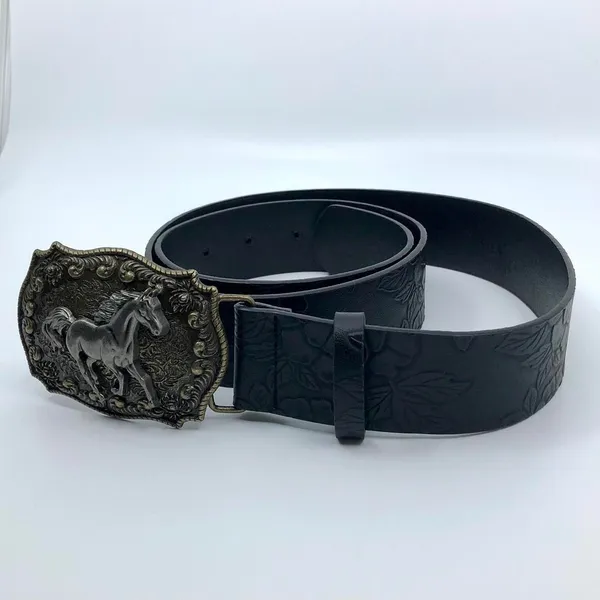 Women's Black Embossed Western Horse Buckle Belt, 28.5–39.5 Inches, X7G9A1018 - Image 4