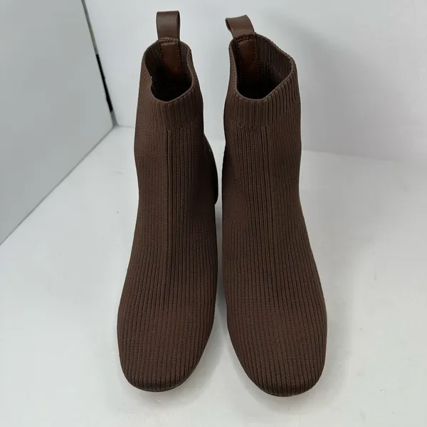 Joie Brown Ribbed Sock Knit Ankle Boots Sz 8 Block Heel Sweater Bootie Chic - Image 3