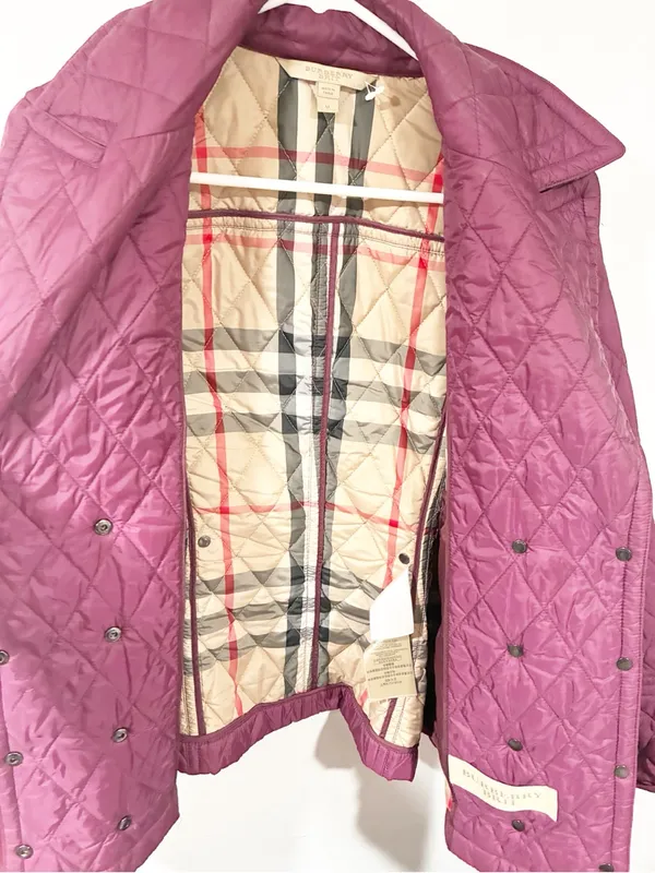 Burberry Brit Puffer Jacket Magenta Quilted Argyle Diamond Nova Check Medium - Image 9