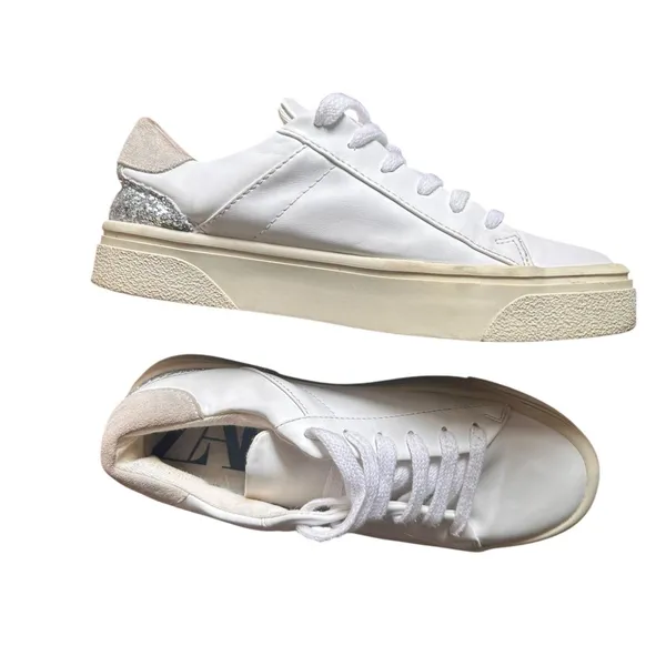 ZARA Basic Faux‎ Leather Glitter Sneaker White Sz 36 (US 6) - Image 2