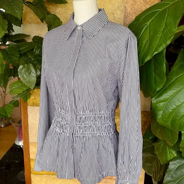 NEW Steve Madden Smock Waist Stripe Button Up 100% Cotton Longsleeve Top, Size M - Image 11