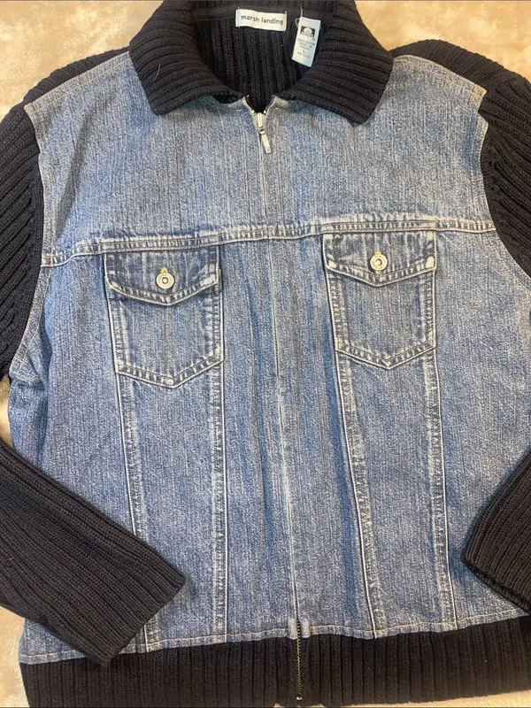 Marsh Landing Blue Denim Jacket with Black Knit Sleeves - Image 4