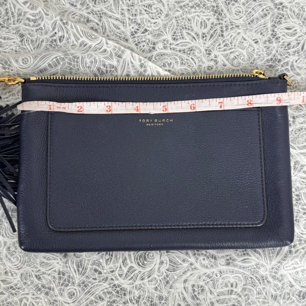 Tory Burch Thea Navy Pebbled Leather Tassel Clutch Bag Gold Hardware - Image 6