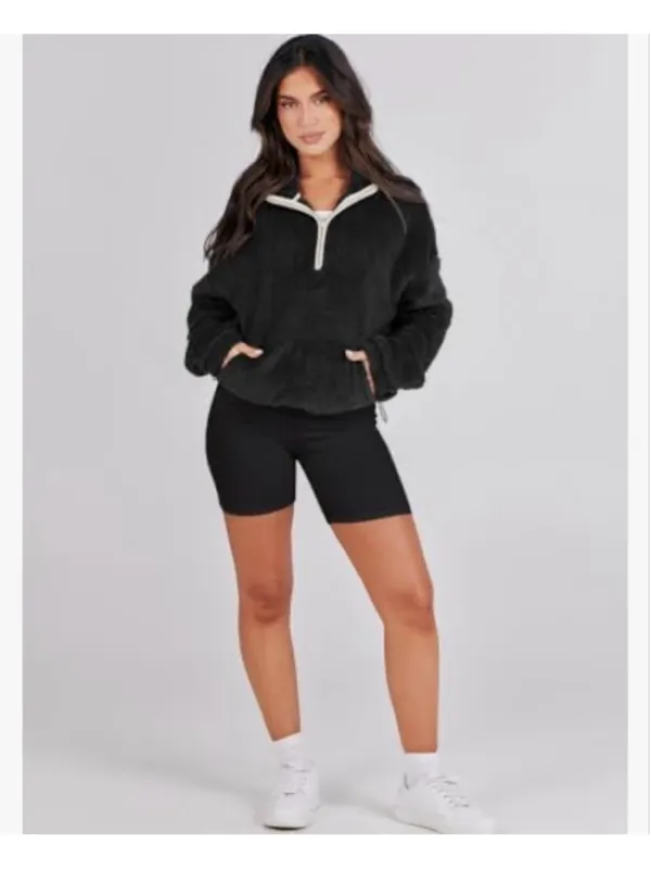 NEW Black Fleece Zip Up Hoodie Cropped Sweatshirt XL - Image 3