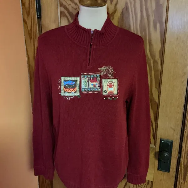 Y2K Kitschy Embroidered Sweater Cottagecore Cabin Lantern Fish Motif Zip Neck - Image 10