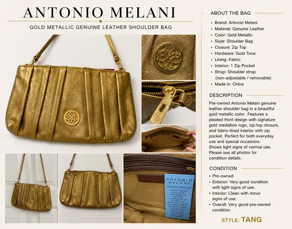 Antonio Melani Gold Metallic Genuine Leather Shoulder Bag Pleated Zip Purse - Image 7