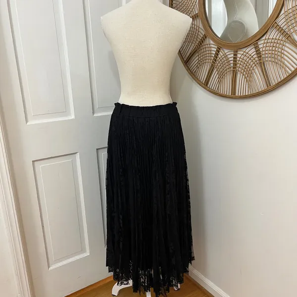 C'est Toi Black Lace Pleated Midi Skirt L Floral Dark Romantic Witchy Whimsigoth - Image 3