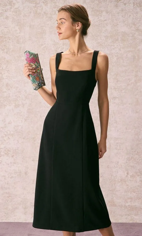 Rihoas Black Square Neck Sheath Midi Dress - Image 3