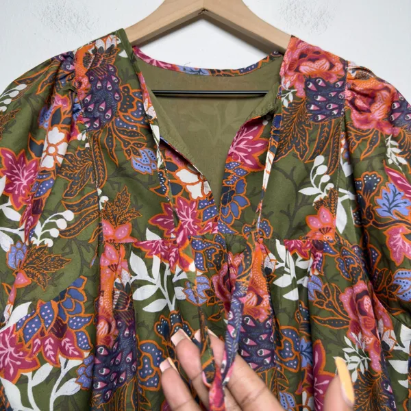 J. Marie Women Cotton Top Small Green Floral Peacock Babydoll Tassel Preppy Boho - Image 3