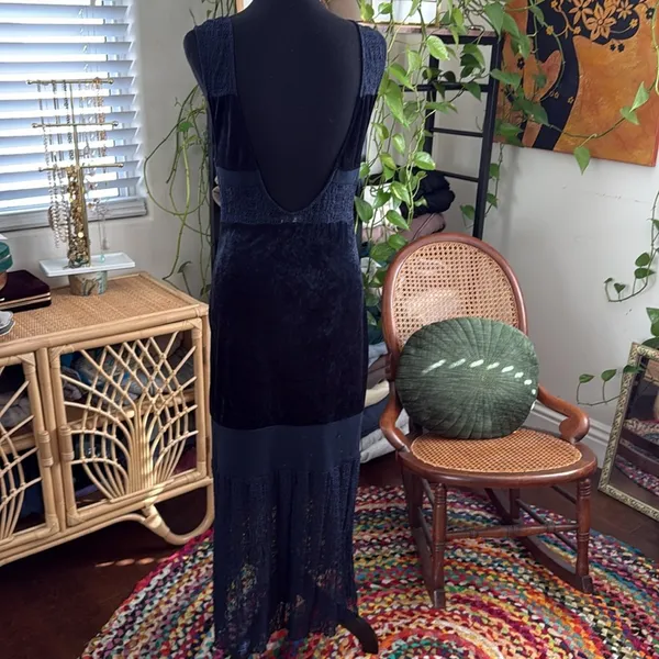 Free People Intimately Keep In Line Navy Crush Velvet Lace Boho Midi Maxi Dress - Image 4