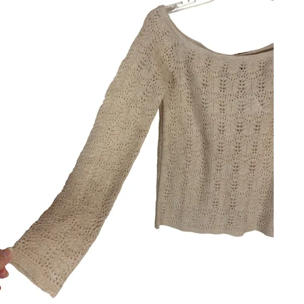 American Eagle Lace Knit Sweater Tan Long Sleeve Boat Neck‎ Women's M NWT - Image 7