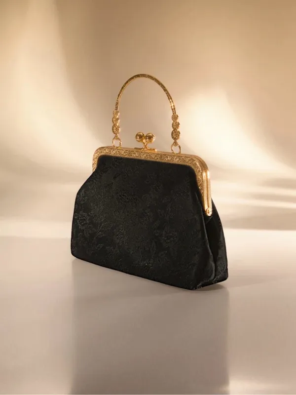 SHEIN Black Jacquard Evening Clutch with Gold Frame - Image 2