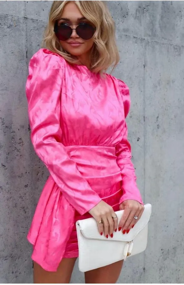 New- Katherina Satin Embossed Ruched Mini Dress - Pink - Image 2