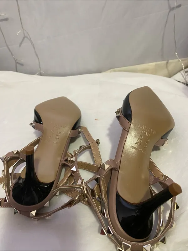 Kaitlyn Black Patent Pointed-Toe Studded Slingback Heels with Nude Straps - Image 5