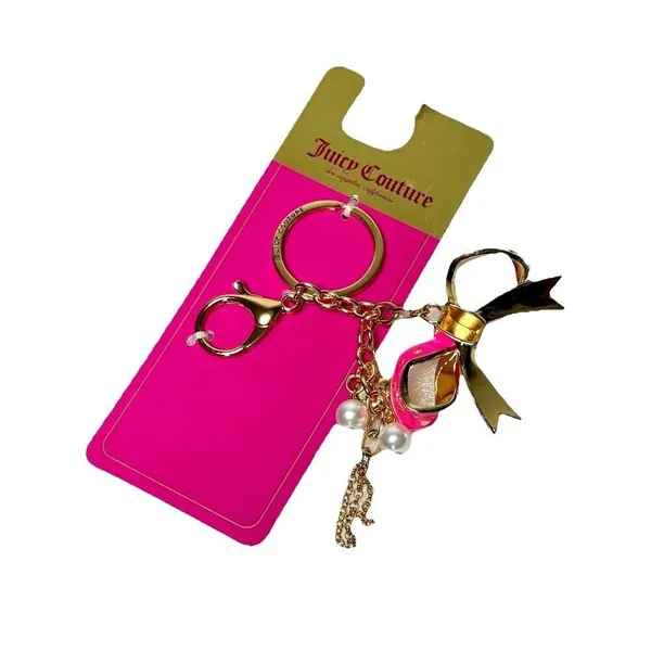 Juicy Couture Gold Bow Keychain Heart Charm Pink Faux Pearl Bag Clip NWT Y2K - Image 2