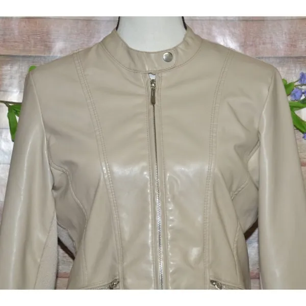 Therapy Faux Leather Moto Jacket Tan Stretch Panels Women’s Size S Zip Pockets - Image 2