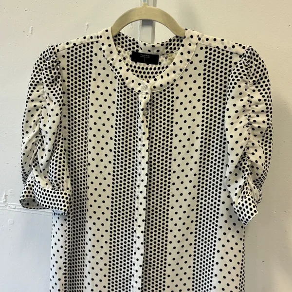 Tahari Womens Polka Dot Striped Blouse Black White Ruched Puff Sleeve Medium - Image 3