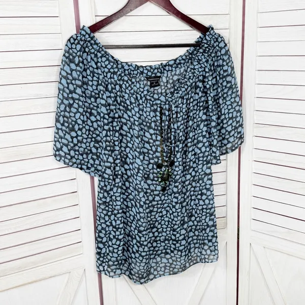 Moda International Printed Beaded Sheer‎ Peasant Blouse Blue Black Medium - Image 7