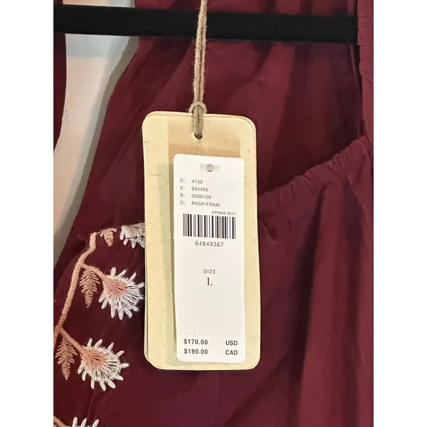 Letube Anthropologie Burgundy Embroidered Boho Mini Dress Long Sleeve Large NEW - Image 3