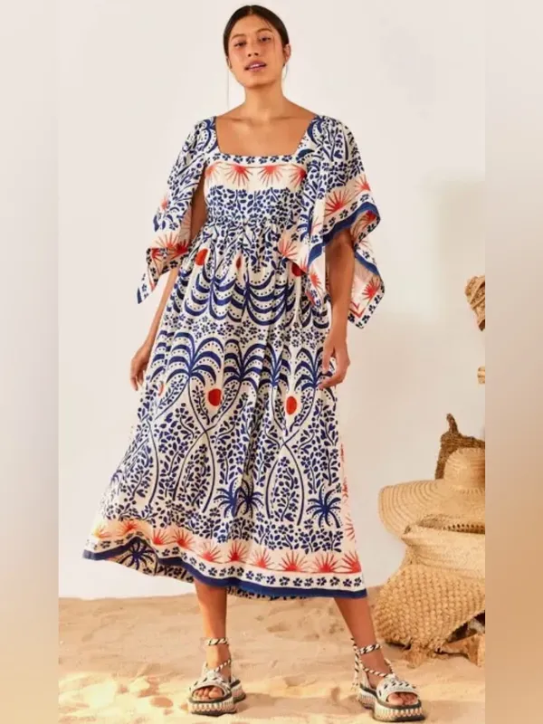 Farm Rio Afternoon Breeze Midi Dress Kaftan Square Neck Boho Beachy Vacation XS - Image 13