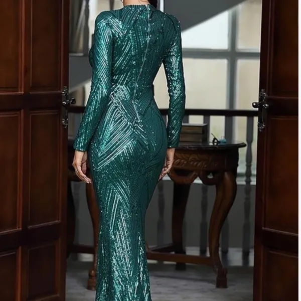 Emerald Green Sequin Geometric Chevron Maxi Dress Long Sleeve Mock Neck Gown - Image 2