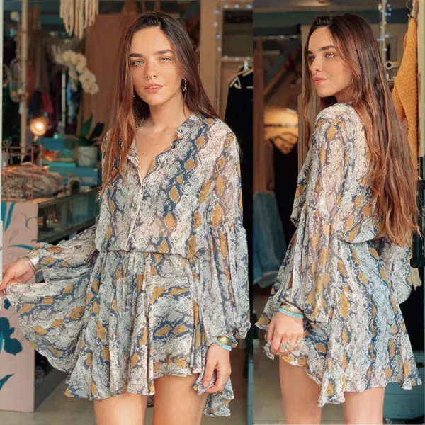 12th Tribe snakeskin snake python animal print button down long billowy balloon sleeve swing dress - Image 6