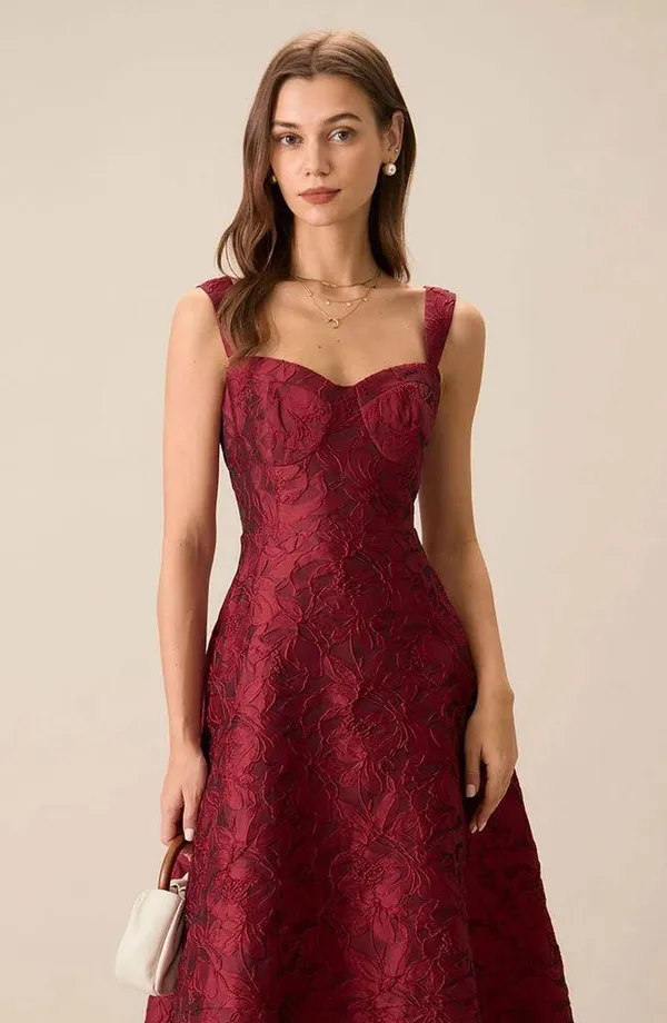 RIHOAS The Red Sweetheart Neck Jacquard Midi Dress - Image 3