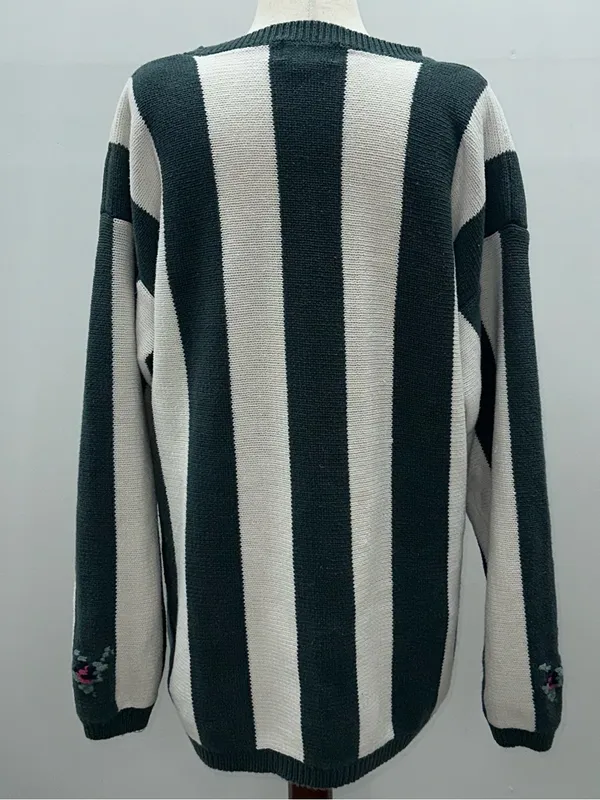 Vintage 90s Paris Sport Club Floral Striped Knit Sweater L Cottagecore Grandma - Image 3