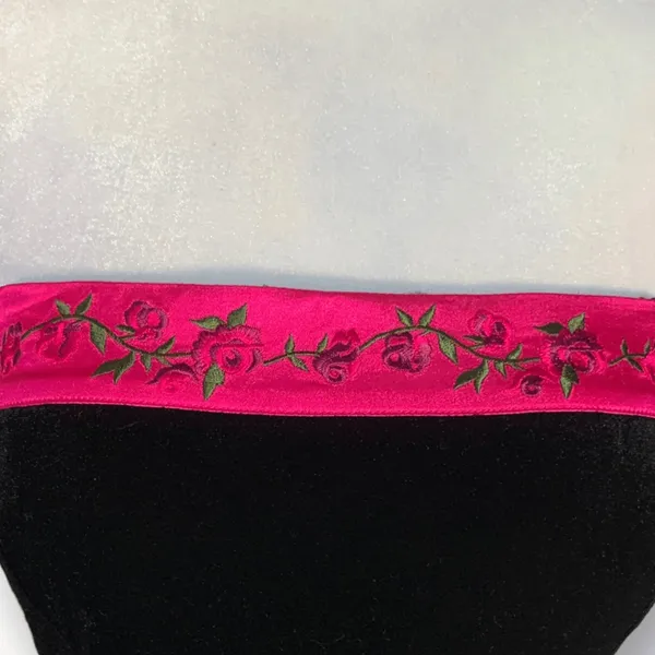 Vintage Dark Romance Velvet Strapless Maxi Dress Black Pink Rose Trim Romantic - Image 4
