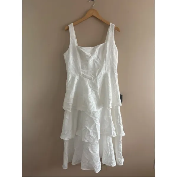 Lulus Elinore White Jacquard Tiered Midi Dress Size XL Feminine Bride Sleeveless - Image 4