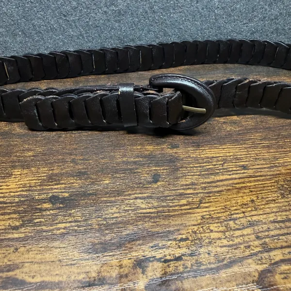Womens‎ Dark Brown Woven Leather Belt Size Small Braided Cowhide Brass Buckle - Image 2