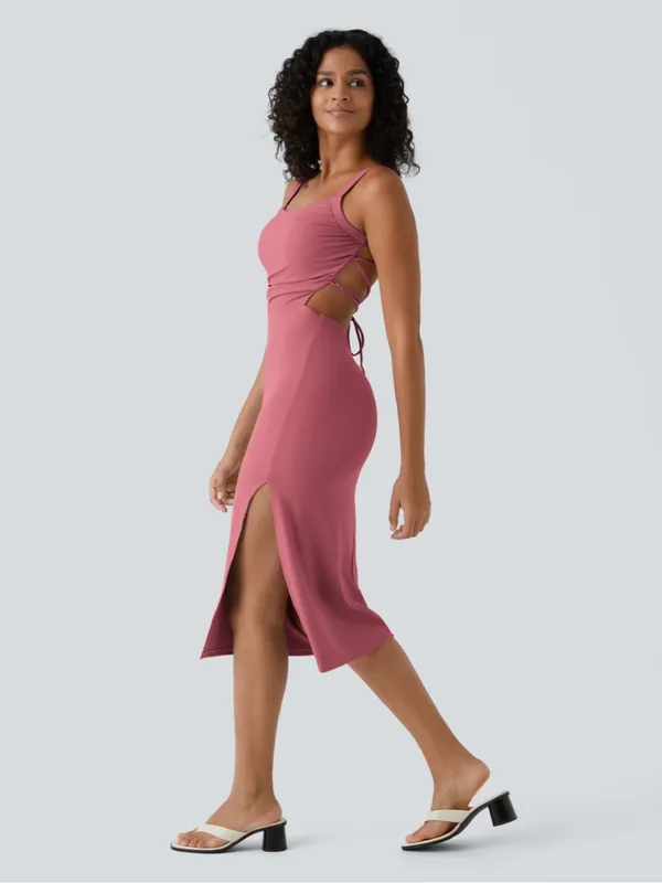 Halara SoftlyZero™ Airy Ruched Lace Up Bodycon Midi Casual Dress - Image 2