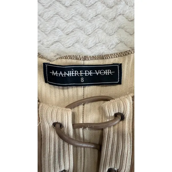 Maniere De Voir Womens Ribbed Lace Up Corset Top Tan Brown Mesh Panel Size 8 - Image 4