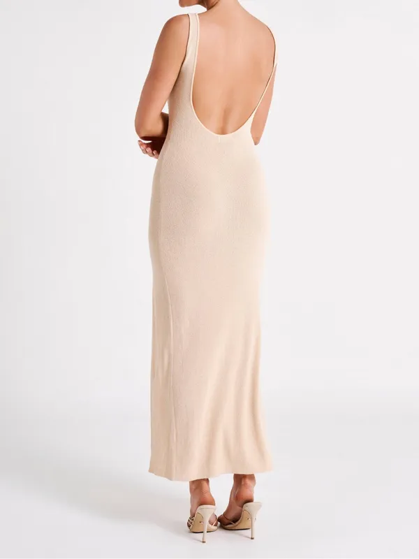 Meshki Maxine Sheer Knit Sleeveless Low Back Fitted Maxi Dress Tan Wheat XS - Image 2