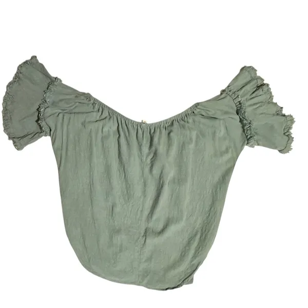 Umgee Sage Green Linen Blend Off The‎ Shoulder Ruffle Fringe Tie Front Top Large - Image 3