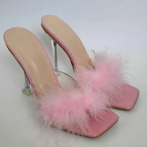 Pink Fluffy Feather PVC Stilletto Mule Heels Size 39 - Image 2